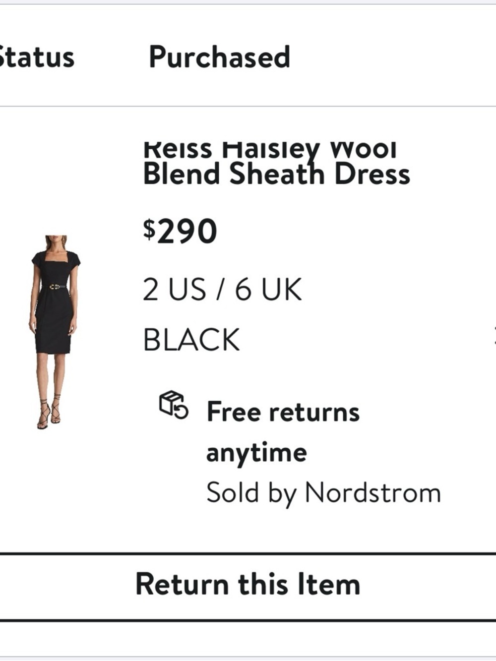 Reiss Black Dress Tailored, Business/Night Out, Cap-Sleeve, Midi Length